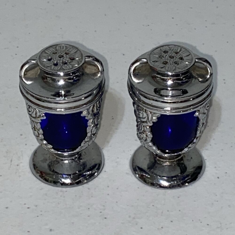 Vintage Cobalt Blue and Silver Rose Salt & Pepper Shakers Made in Occupied Japan